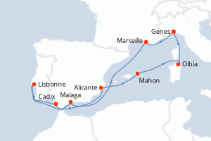 Carte itinéraire croisière Italie, France, Espagne, Portugal - 10 jours au départ de Genes - Méditerranée