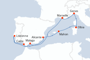 Carte itinéraire croisière France, Espagne, Portugal, Italie - 10 jours au départ de Marseille - Méditerranée