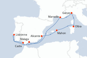 Carte itinéraire croisière Italie, France, Espagne, Portugal - 10 jours au départ de Alicante - Méditerranée