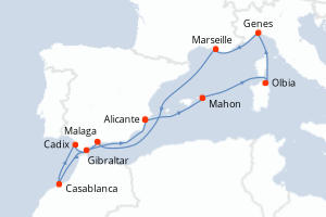 Carte itinéraire croisière Italie, France, Espagne, Maroc, Royaume-Uni - 10 jours au départ de Alicante - Méditerranée