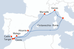 Carte itinéraire croisière Italie, France, Espagne, Maroc - 10 jours au départ de Civitavecchia - Rome - Méditerranée