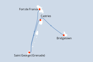 Carte itinéraire croisière Barbade, Sainte-Lucie, Grenade, France - 4 jours au départ de Bridgetown - Caraïbes Bahamas