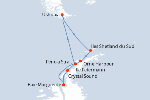 Carte itinéraire croisière Expédition vers le Cercle Polaire Antarctique - 16 jours au départ de Ushuaia - Antarctique