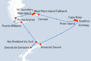Carte itinéraire croisière Expédition en Antarctique, aux Îles Malouines et en Géorgie du Sud - 21 jours au départ de Punta Arenas - Amérique du Sud