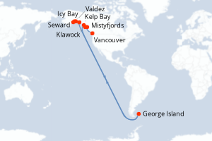 Carte itinéraire croisière Passage Intérieur de l?Alaska : les fjords de la Grande Terre - 9 jours au départ de Vancouver - Alaska