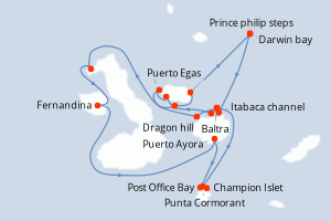 Carte itinéraire croisière Neuf îles parmi les plus réputées et Machu Picchu - 8 jours au départ de Baltra - Galapagos