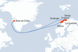 Carte itinéraire croisière Norvège Majestueuse ? Expédition en Arctique à la lueur des Aurores Boréales - 7 jours au départ de Tromso - Europe du Nord