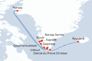 Carte itinéraire croisière À la découverte du Groenland ? De Reykjavík à Nuuk - 12 jours au départ de Reykjavik - Gröenland