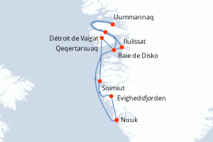 Carte itinéraire croisière Le Groenland grandiose ? Les géants de glace de la baie de Disko - 10 jours au départ de Nuuk - Gröenland