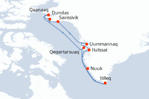 Carte itinéraire croisière Splendeurs du Groenland ? Le Nord et ses terres de légende - 14 jours au départ de Nuuk - Gröenland