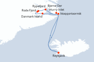 Carte itinéraire croisière Côte-est du Groenland - 9 jours au départ de Reykjavik - Europe du Nord