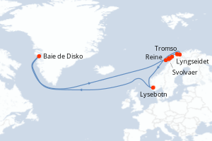 Carte itinéraire croisière Norvège Majestueuse ? Expédition en Arctique à la lueur des Aurores Boréales - 7 jours au départ de Tromso - Europe du Nord