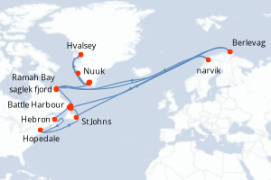 Carte itinéraire croisière Groenland, Labrador et Terre-Neuve ? Rencontres aux confins du monde - 16 jours au départ de Nuuk - Canada Bermudes