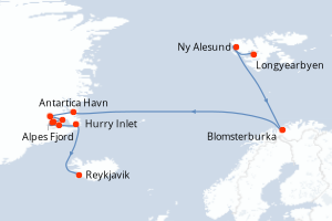 Carte itinéraire croisière Odyssée dans les îles de l?Arctique - 13 jours au départ de Longyearbyen - Europe du Nord
