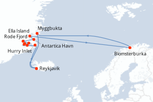 Carte itinéraire croisière Côte-est du Groenland - 14 jours au départ de Reykjavik - Europe du Nord