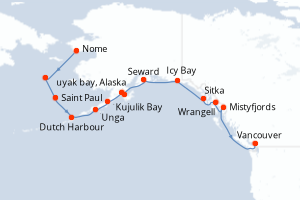 Carte itinéraire croisière Alaska et Colombie-Britannique - 16 jours au départ de Nome - Alaska