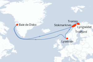 Carte itinéraire croisière Norvège Majestueuse à Noël ? Expédition en Arctique à la lueur des Aurores Boréales - 7 jours au départ de Tromso - Europe du Nord