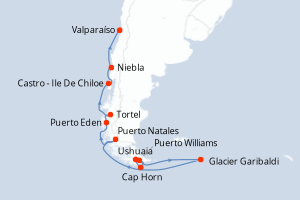 Carte itinéraire croisière Fjords chiliens ? À la découverte du c½ur de la Patagonie - 14 jours au départ de Ushuaia - Amérique du Sud
