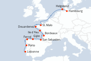 Carte itinéraire croisière De Lisbonne à Hambourg - 11 jours au départ de Lisbonne - Europe du Nord