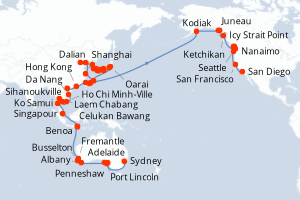 Carte itinéraire croisière Australie, Indonésie, Singapour, Thaïlande, Cambodge, Vietnam, Chine, Taïwan, Japon, Corée du Sud, États-Unis, Canada - 91 jours au départ de Sydney - Tour du Monde