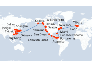 Carte itinéraire croisière Chine, Taïwan, Japon, Corée du Sud, États-Unis, Canada, Mexique, Guatemala, Salvador, Costa Rica, Panama, Colombie, Irlande, Royaume-Uni, France - 87 jours au départ de Hong Kong - Tour du Monde