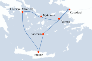 Carte itinéraire croisière Turquie, Grèce - 3 jours au départ de Lavrion (Athenes) - Méditerranée