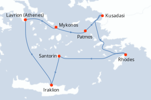 Carte itinéraire croisière Turquie, Grèce - 4 jours au départ de Lavrion (Athenes) - Méditerranée