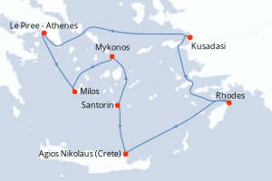 Carte itinéraire croisière Turquie, Grèce - 7 jours au départ de Le Piree - Athenes - Méditerranée