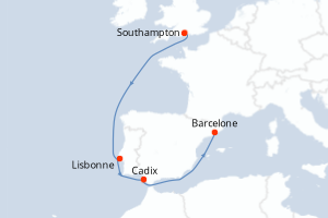 Carte itinéraire croisière Royaume-Uni, Portugal, Espagne - 6 jours au départ de Southampton - Méditerranée