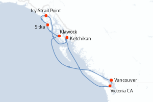 Carte itinéraire croisière Canada, États-Unis - 8 jours au départ de Vancouver - Alaska