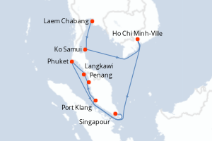Carte itinéraire croisière Vietnam, Malaisie, Thaïlande, Singapour - 11 jours au départ de Laem Chabang - Asie