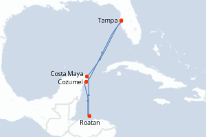 Carte itinéraire croisière États-Unis, Mexique, Honduras - 7 jours au départ de Tampa - Caraïbes Mexique