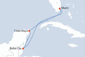 Carte itinéraire croisière États-Unis, Belize, Mexique - 5 jours au départ de Miami - Caraïbes Bahamas