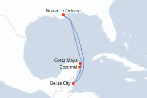 Carte itinéraire croisière États-Unis, Mexique, Belize - 7 jours au départ de Nouvelle-Orleans - Caraïbes Mexique