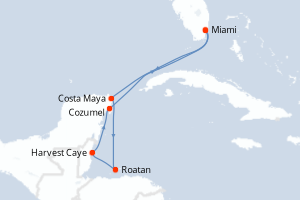 Carte itinéraire croisière États-Unis, Mexique, Honduras, Belize - 7 jours au départ de Miami - Caraïbes Bahamas