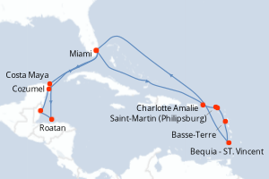 Carte itinéraire croisière États-Unis, Mexique, Honduras, Belize, Royaume-Uni, Pays-Bas, France, Saint Vincent-et-les-Grenadines - 17 jours au départ de Miami - Caraïbes Bahamas
