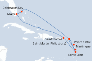 Carte itinéraire croisière États-Unis, Sainte-Lucie, France, Pays-Bas, Bahamas - 11 jours au départ de Miami - Caraïbes Bahamas