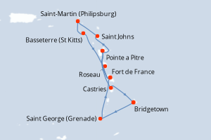 Carte itinéraire croisière Barbade, Grenade, France, Antigua-et-Barbuda, Pays-Bas, Royaume-Uni, Dominique, Sainte-Lucie - 13 jours au départ de Bridgetown - Caraïbes Bahamas