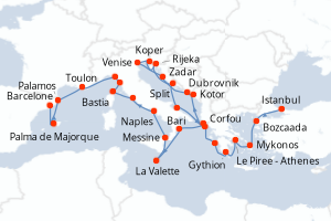 Carte itinéraire croisière Turquie, Grèce, Monténégro, Croatie, Slovénie, Malte, Italie, France, Espagne - 27 jours au départ de Istanbul - Méditerranée