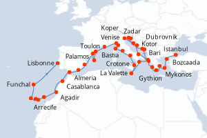 Carte itinéraire croisière Turquie, Grèce, Monténégro, Croatie, Slovénie, Malte, Italie, France, Espagne, Royaume-Uni, Maroc, Portugal - 39 jours au départ de Istanbul - Atlantique
