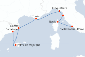 Carte itinéraire croisière Italie, France, Espagne - 7 jours au départ de Civitavecchia - Rome - Méditerranée