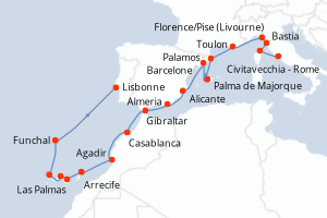 Carte itinéraire croisière Italie, France, Espagne, Royaume-Uni, Maroc, Portugal - 19 jours au départ de Civitavecchia - Rome - Atlantique