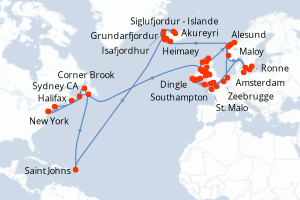 Carte itinéraire croisière États-Unis, Canada, Antigua-et-Barbuda, Islande, Pays-Bas, Belgique, Royaume-Uni, Irlande, Norvège, Danemark, Allemagne, Suède, France - 67 jours au départ de New York - Tour du Monde