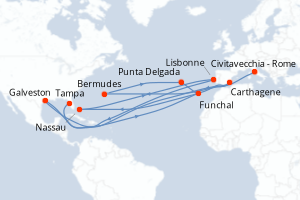 Carte itinéraire croisière Italie, États-Unis, Espagne, Bahamas, Portugal - 14 jours au départ de Civitavecchia - Rome - Caraïbes Mexique