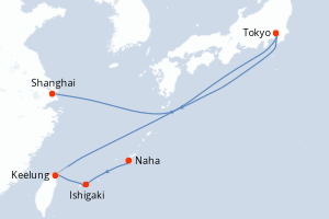 Carte itinéraire croisière Japon, Taïwan, Chine - 8 jours au départ de Naha - Asie