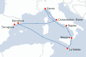 Carte itinéraire croisière Italie, Malte, Espagne - 8 jours au départ de Tarragone - Méditerranée