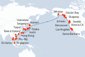 Carte itinéraire croisière Círculo del Pacífico - 55 jours au départ de Singapour - Amérique du Nord