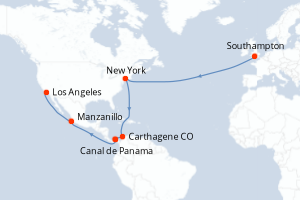 Carte itinéraire croisière Royaume-Uni, Colombie, Panama, Mexique, États-Unis - 23 jours au départ de Southampton - Transatlantique