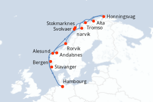 Carte itinéraire croisière La Ligne du Cap Nord - 14 jours au départ de Hambourg - Europe du Nord