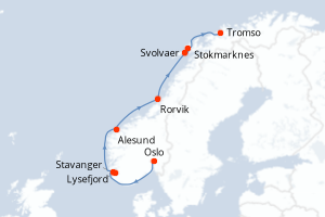 Carte itinéraire croisière La Ligne du Cap Nord - 6 jours au départ de Oslo - Europe du Nord